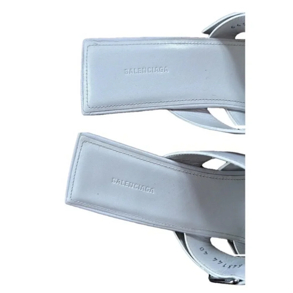 Balenciaga White Buckle Leather Open Toe Mules Stiletto Heel Silver 10 US 40 IT